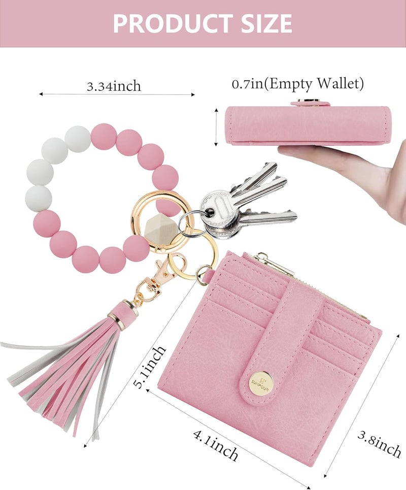 Sunpour Small Wristlet Wallets for Women Keychain Wristlet Wallet RFID Blocking Key Chain Wallet With Zipper Coin Pocket,2 Id Window(Pink) - Image 2